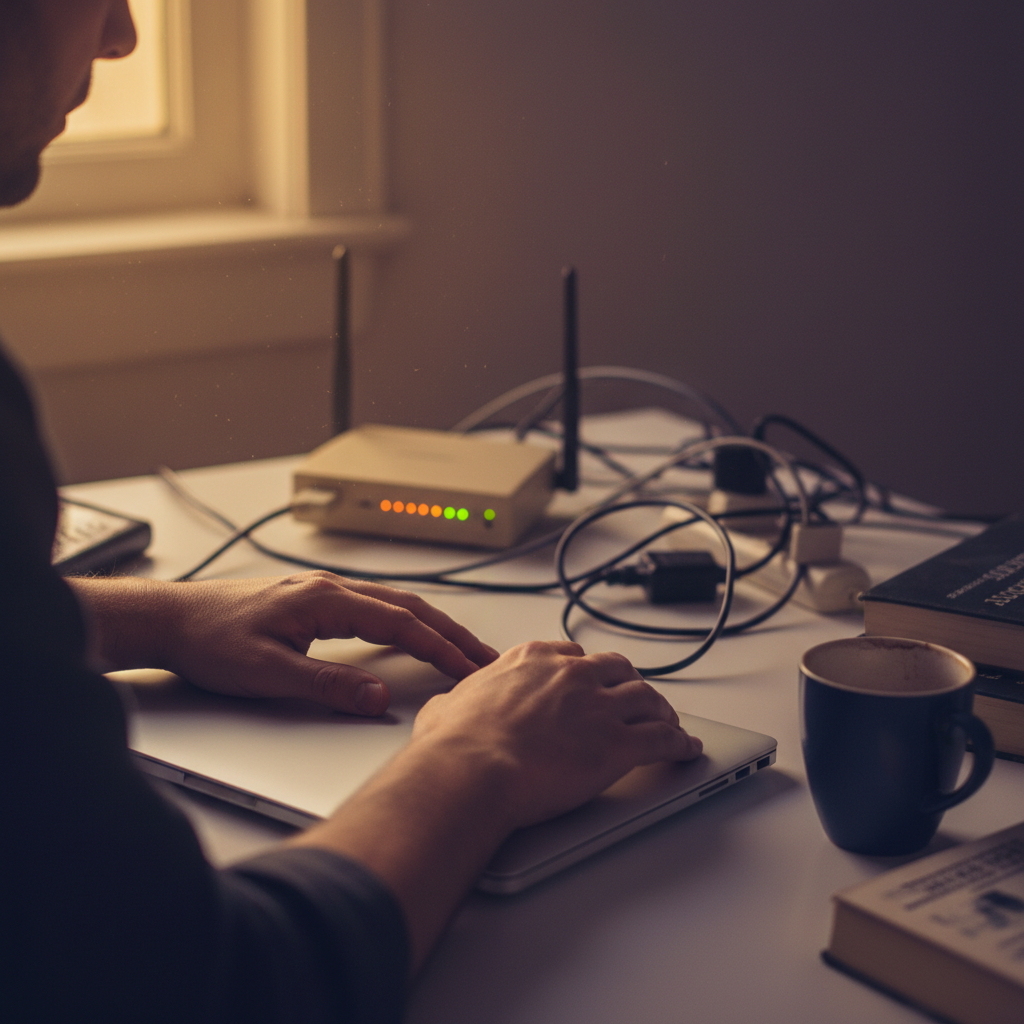 A business owner working at a cluttered desk surrounded by tangled cables and a problematic server tower.