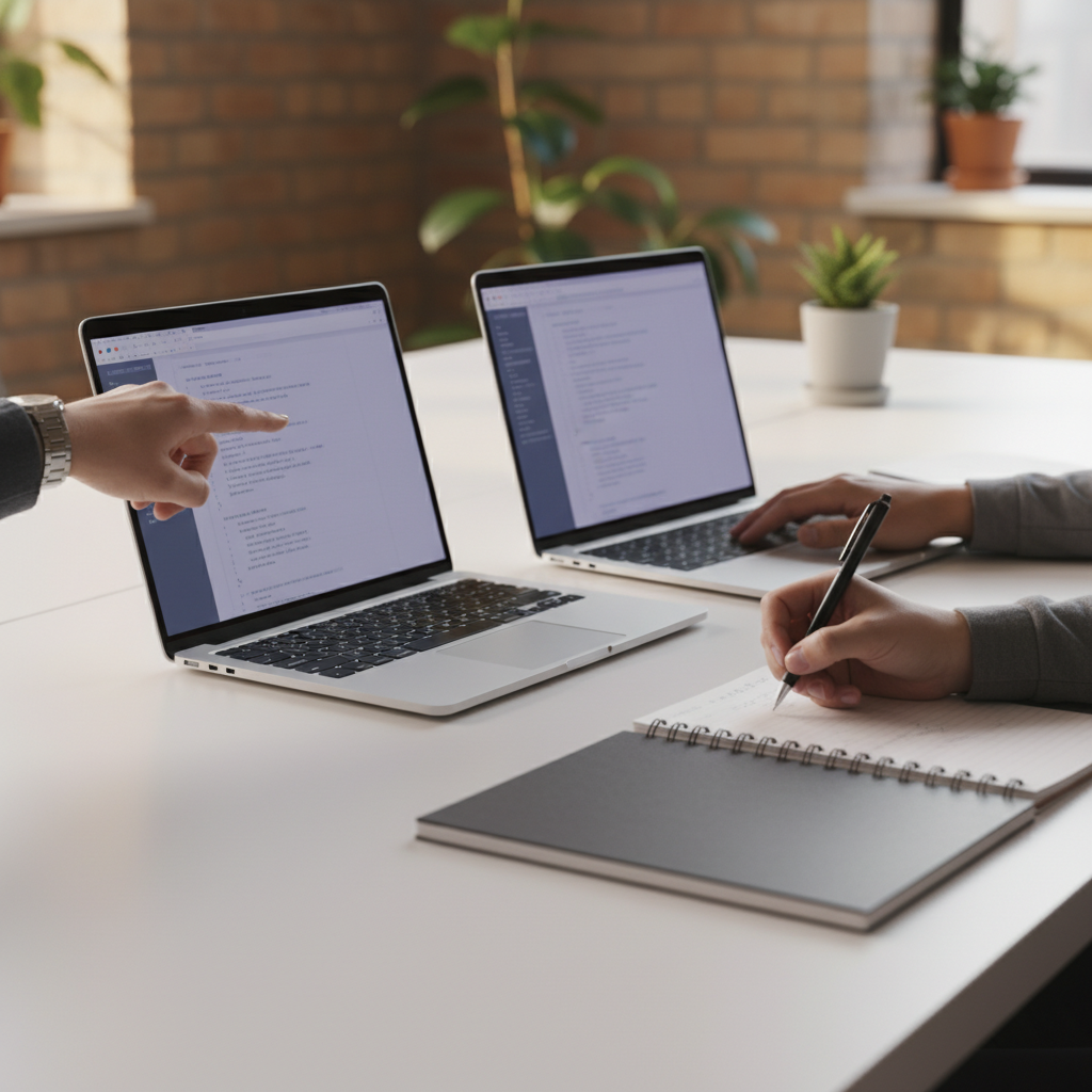 Three people collaborating at a shared desk, reviewing a website on a monitor.